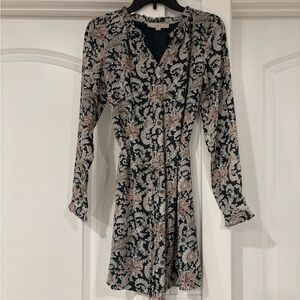 LOFT Navy and Pink Paisley Long Sleeve Dress